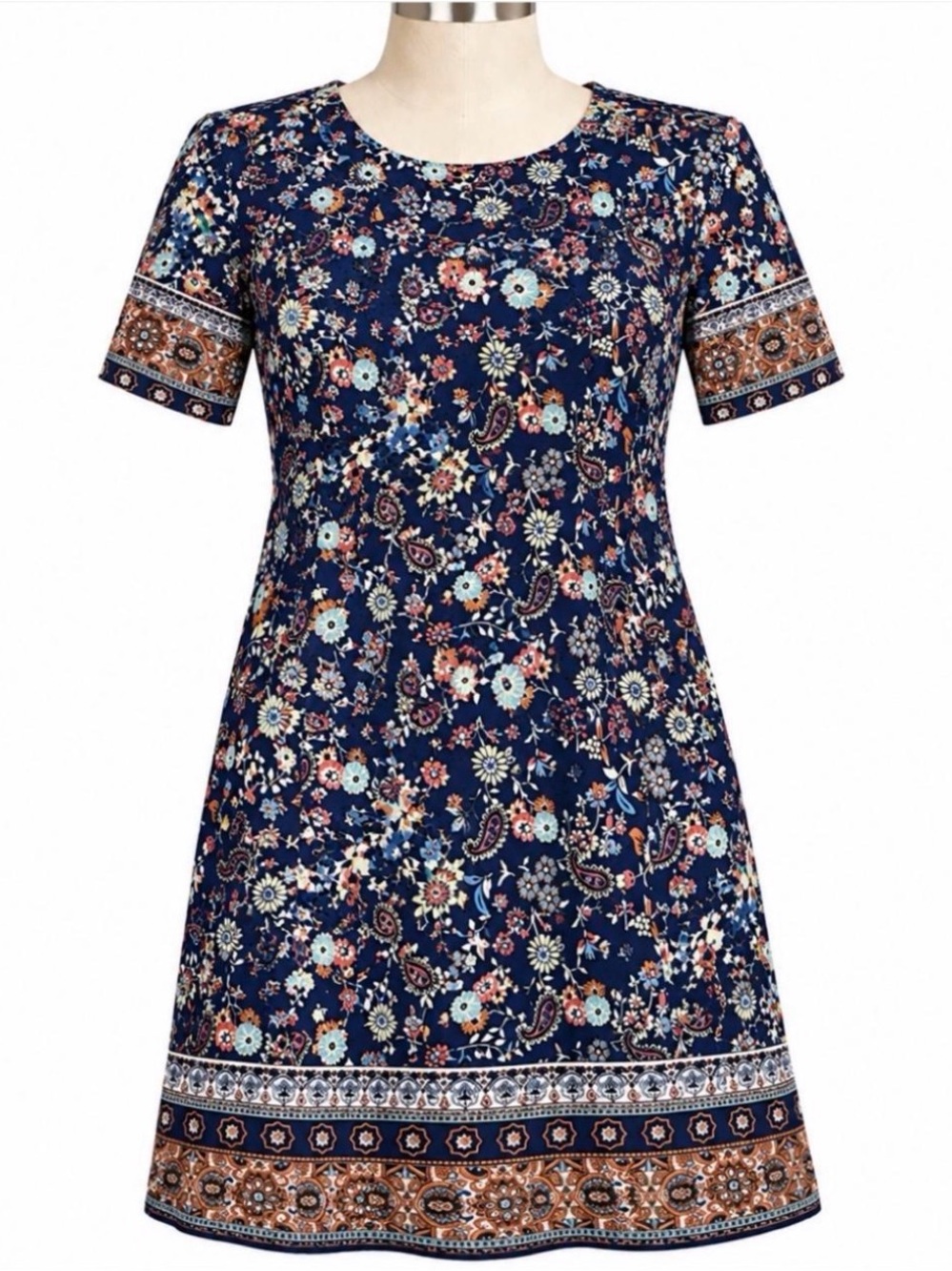 Navy Floral Border Short Sleeve Midi Dress
